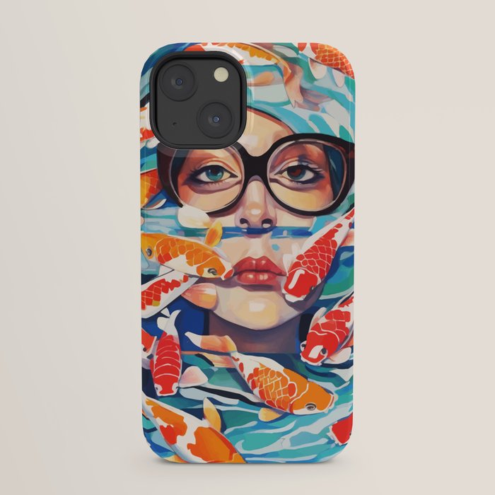 Point of View, Individuality Koi Fish Yoga Meditation, Woman Glasses Vision Concept, Fishpond Eclectic Vintage Painting iPhone Case Gallery Image 21