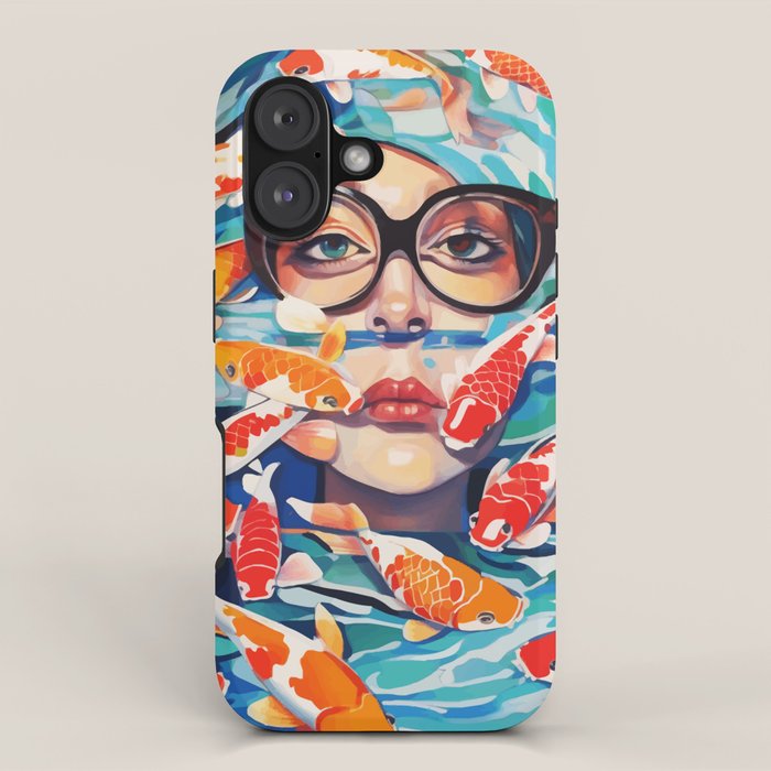 Point of View, Individuality Koi Fish Yoga Meditation, Woman Glasses Vision Concept, Fishpond Eclectic Vintage Painting iPhone Case Gallery Image 1