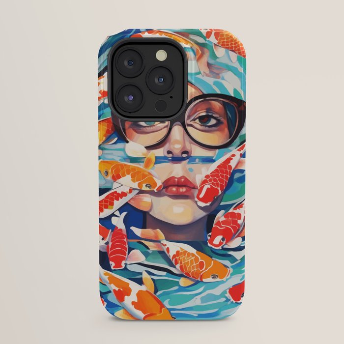 Point of View, Individuality Koi Fish Yoga Meditation, Woman Glasses Vision Concept, Fishpond Eclectic Vintage Painting iPhone Case Gallery Image 31