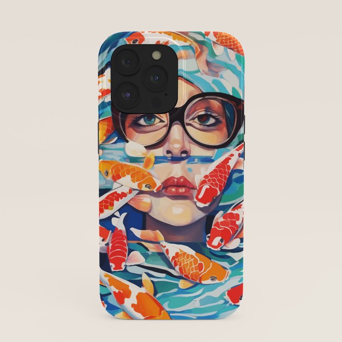 Point of View, Individuality Koi Fish Yoga Meditation, Woman Glasses Vision Concept, Fishpond Eclectic Vintage Painting iPhone Case Gallery Image 39