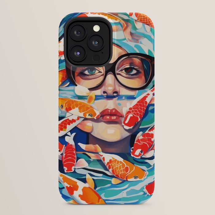Point of View, Individuality Koi Fish Yoga Meditation, Woman Glasses Vision Concept, Fishpond Eclectic Vintage Painting iPhone Case Gallery Image 32