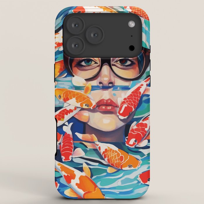 Point of View, Individuality Koi Fish Yoga Meditation, Woman Glasses Vision Concept, Fishpond Eclectic Vintage Painting iPhone Case Gallery Image 8