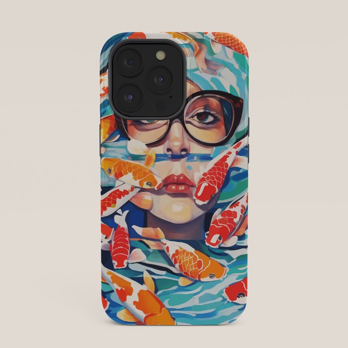 Point of View, Individuality Koi Fish Yoga Meditation, Woman Glasses Vision Concept, Fishpond Eclectic Vintage Painting iPhone Case Gallery Image 35
