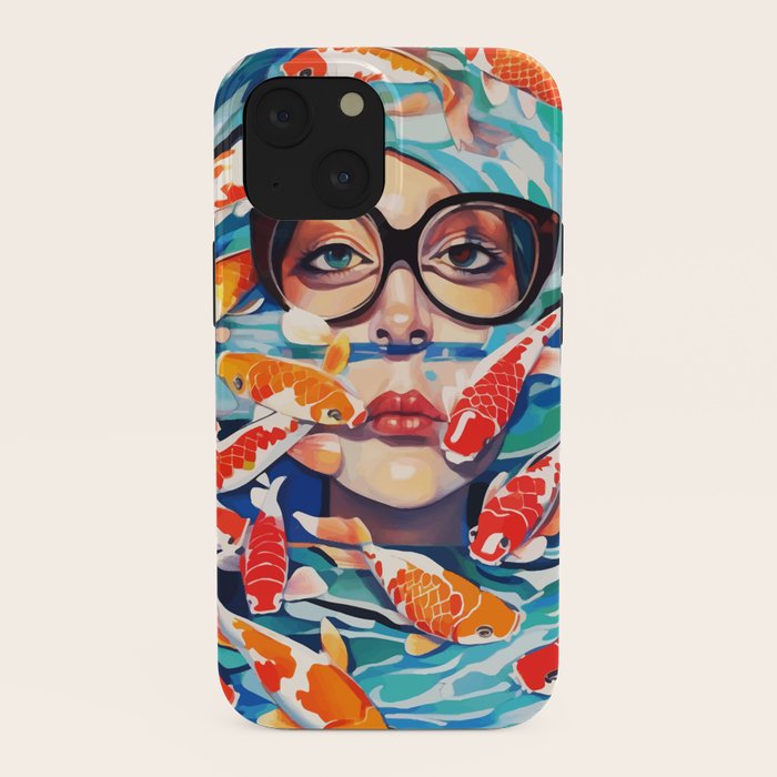 Point of View, Individuality Koi Fish Yoga Meditation, Woman Glasses Vision Concept, Fishpond Eclectic Vintage Painting iPhone Case Gallery Image 38
