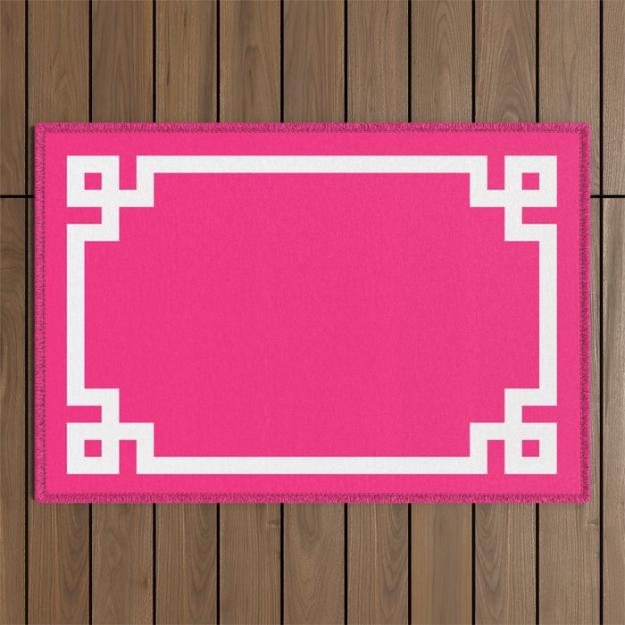 Light Hot Pink and White Greek Key Outdoor Rug Gallery Image 1