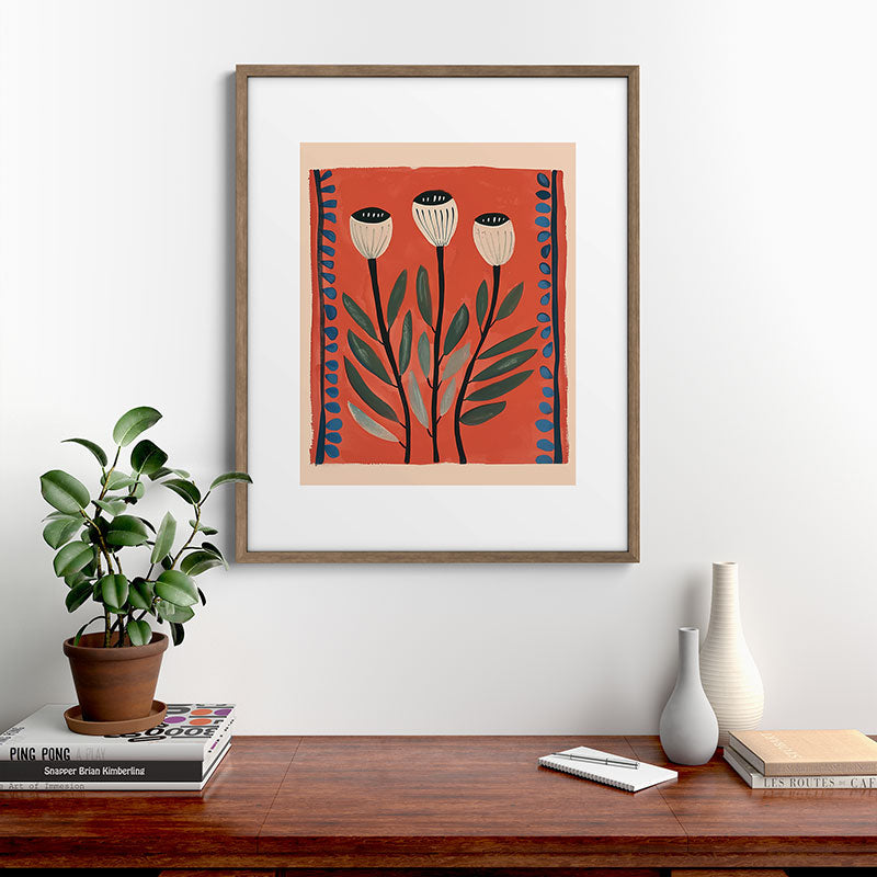 Terracotta Poppy Pod Folk Art Framed Art Print Gallery Image 14