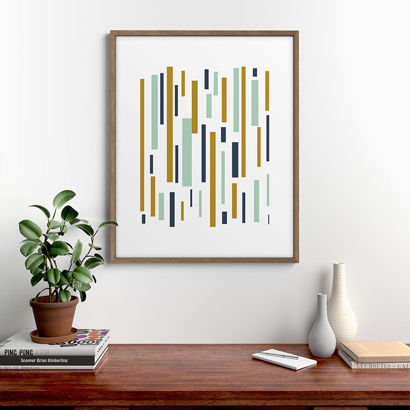 Interrupted Lines Mid-Century Modern Minimalist Pattern in Navy Blue, Teal Mint, Gold Mustard, White Framed Art Print Gallery Image 19