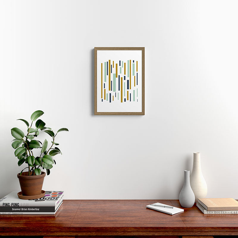 Interrupted Lines Mid-Century Modern Minimalist Pattern in Navy Blue, Teal Mint, Gold Mustard, White Framed Art Print Gallery Image 14