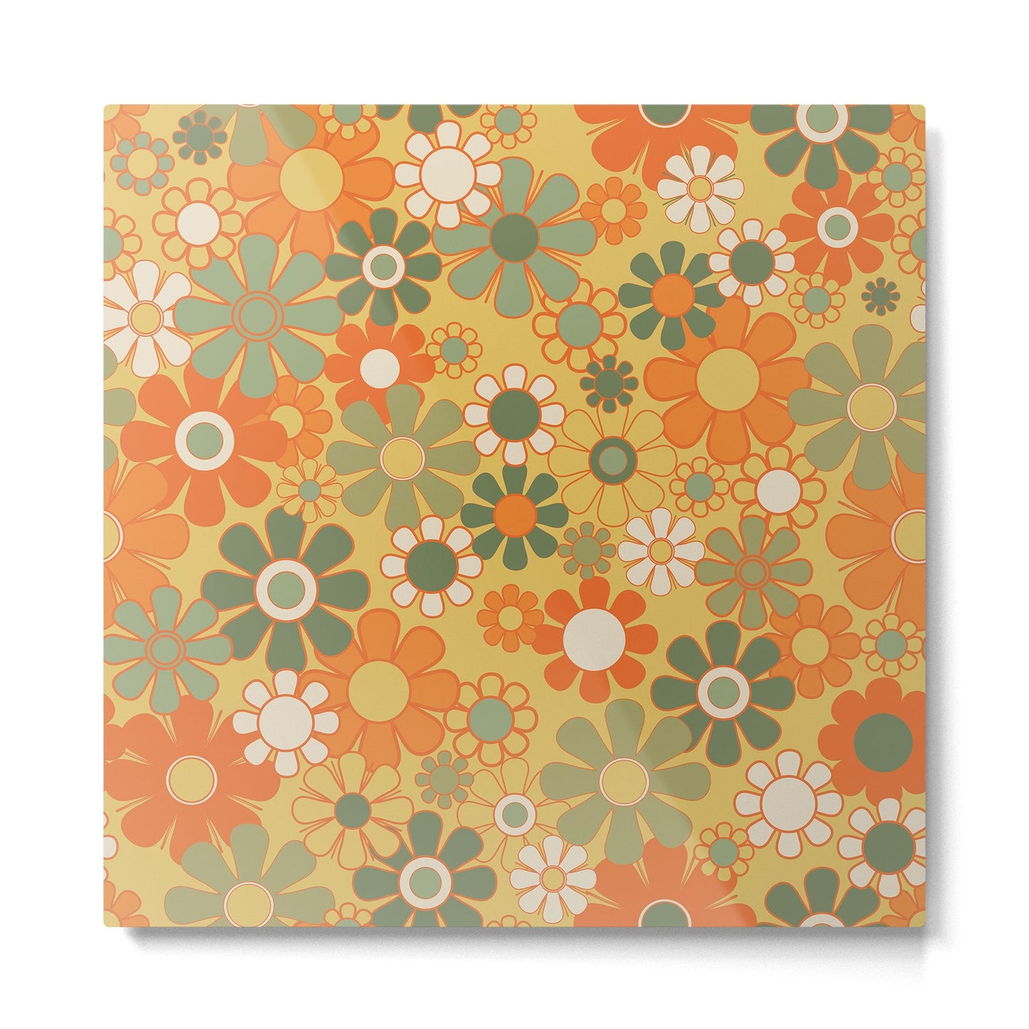Retro 70s Floral Pattern in Mossy Sage Olive Green Orange Mustard Metal Print Gallery Image 5