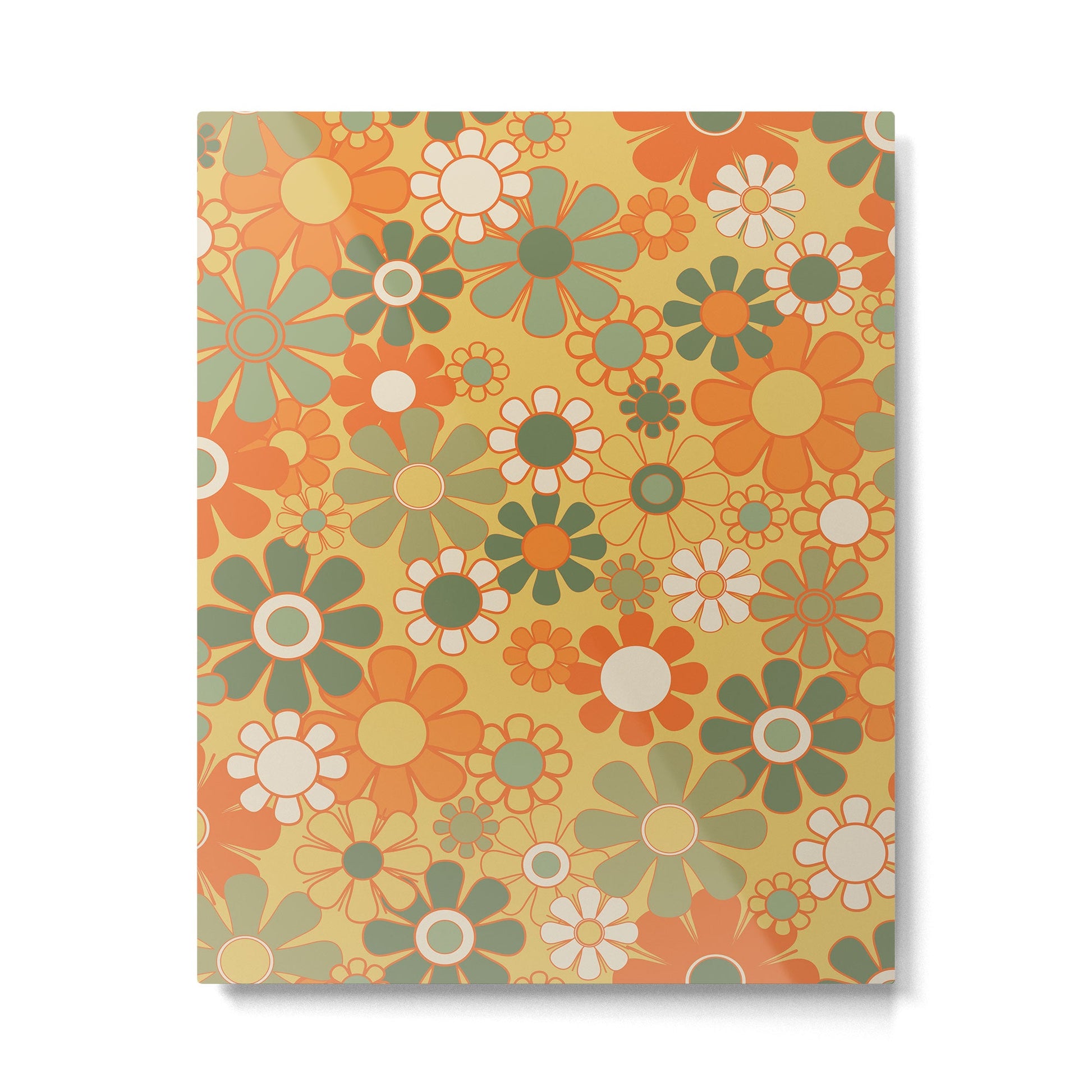 Retro 70s Floral Pattern in Mossy Sage Olive Green Orange Mustard Metal Print Gallery Image 4