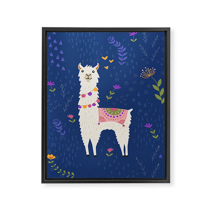 Llama on Blue Framed Canvas Print Gallery Image 1