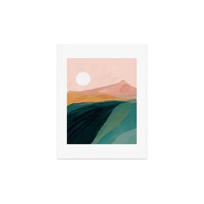 pink, green, gold moon watercolor mountains Art Print Gallery Image 3