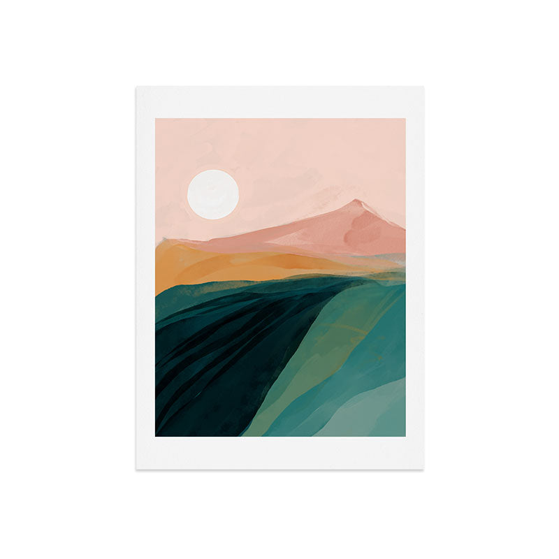 pink, green, gold moon watercolor mountains Art Print Gallery Image 9