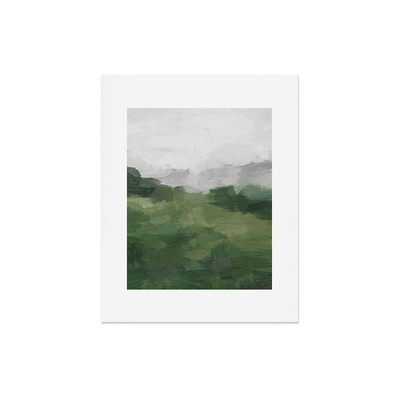 Green Mountain - Valley Hills Gray Sky Grass Plants Abstract Nature Painting Art Print Wall Decor Art Print Gallery Image 5