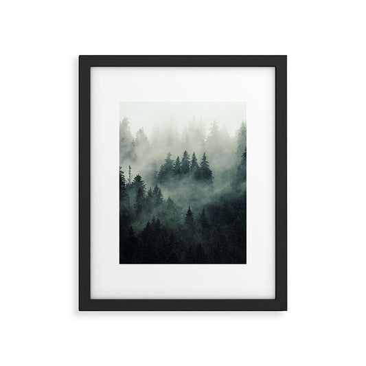 Green misty mountain pine forest in cloudy and rainy - vintage style photo Framed Art Print Gallery Image 1