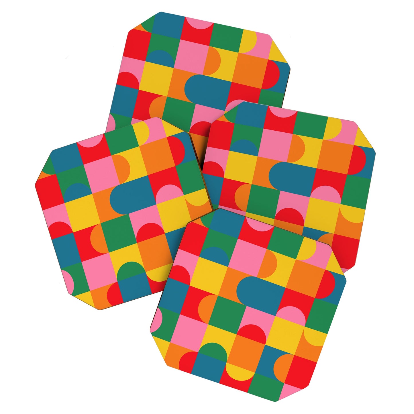 Colorful Mid Century Bauhaus Geometric Abstraction squares and half circles pattern bold colors Coaster Gallery Image 1
