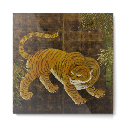 Japanese Tiger in Bamboo Grove Vintage Gold Leaf Screen Metal Print Gallery Image 2