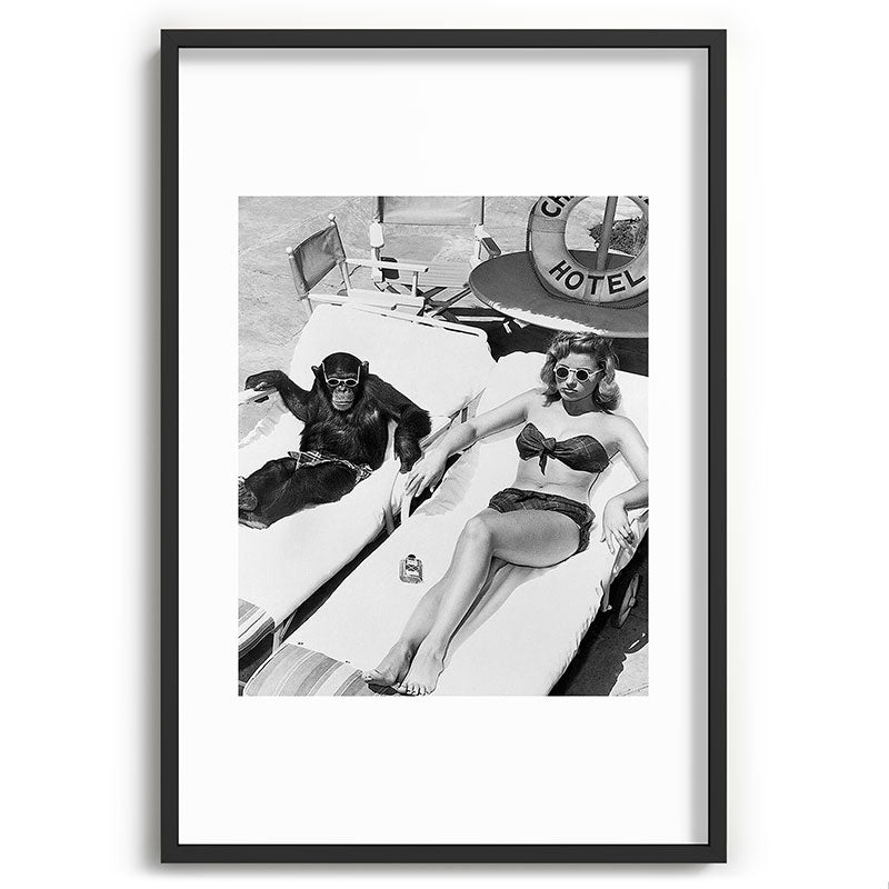 Lady and Chimp Sunbathing, Black and White, Vintage Art Framed Art Print Gallery Image 62