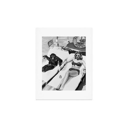 Lady and Chimp Sunbathing, Black and White, Vintage Art Art Print Gallery Image 2