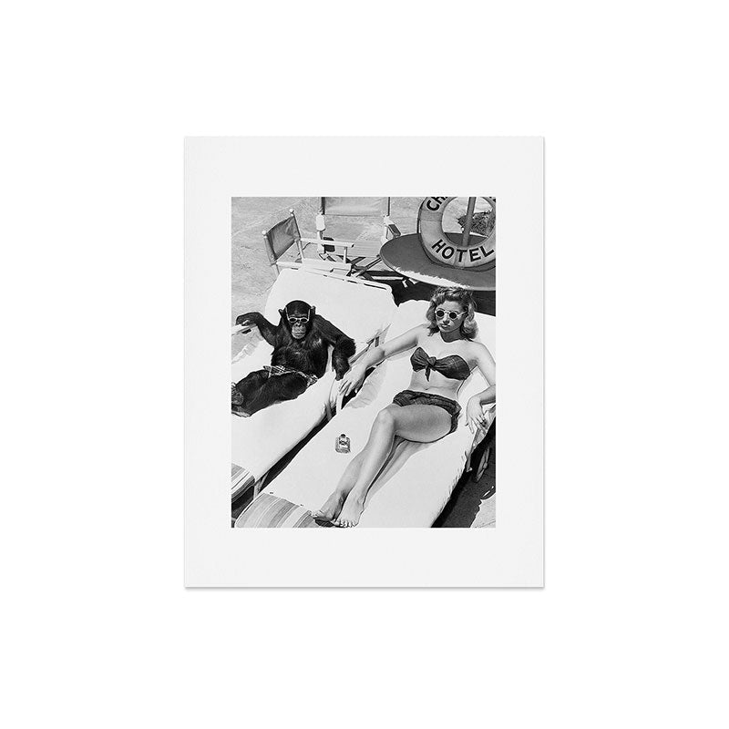 Lady and Chimp Sunbathing, Black and White, Vintage Art Art Print Gallery Image 4