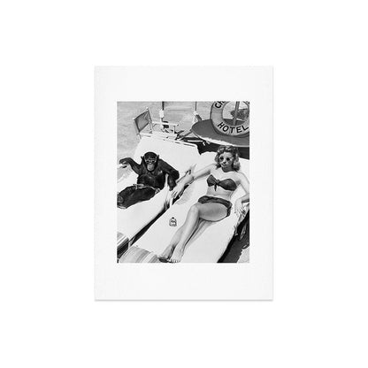 Lady and Chimp Sunbathing, Black and White, Vintage Art Art Print Gallery Image 6
