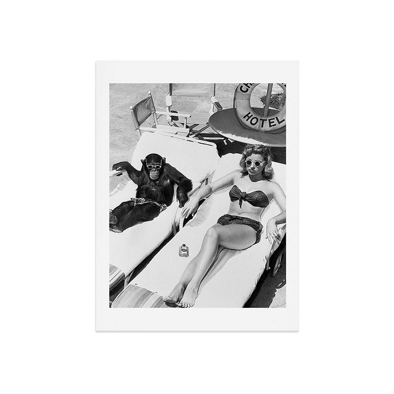 Lady and Chimp Sunbathing, Black and White, Vintage Art Art Print Gallery Image 7
