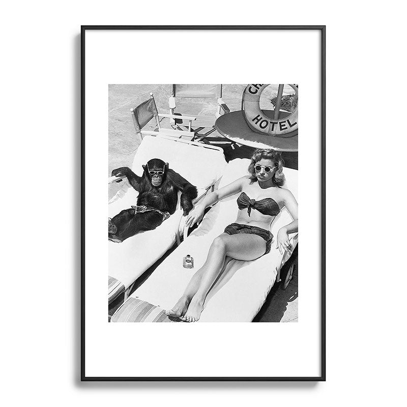 Lady and Chimp Sunbathing, Black and White, Vintage Art Framed Art Print Gallery Image 83