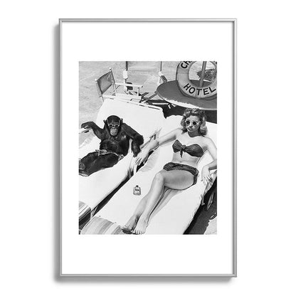 Lady and Chimp Sunbathing, Black and White, Vintage Art Framed Art Print Gallery Image 97