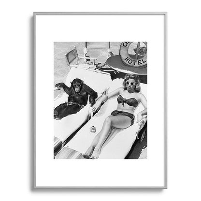 Lady and Chimp Sunbathing, Black and White, Vintage Art Framed Art Print Gallery Image 98
