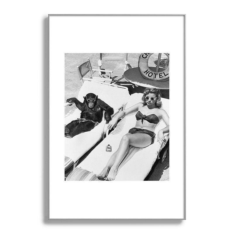 Lady and Chimp Sunbathing, Black and White, Vintage Art Framed Art Print Gallery Image 100