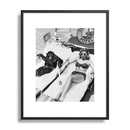 Lady and Chimp Sunbathing, Black and White, Vintage Art Framed Art Print Gallery Image 81