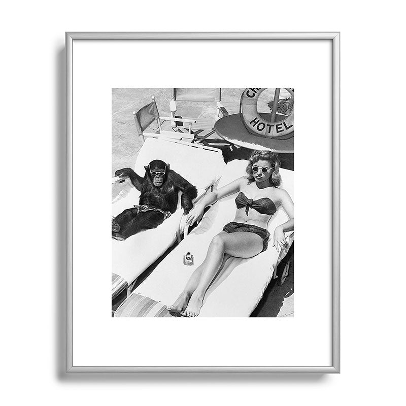 Lady and Chimp Sunbathing, Black and White, Vintage Art Framed Art Print Gallery Image 95